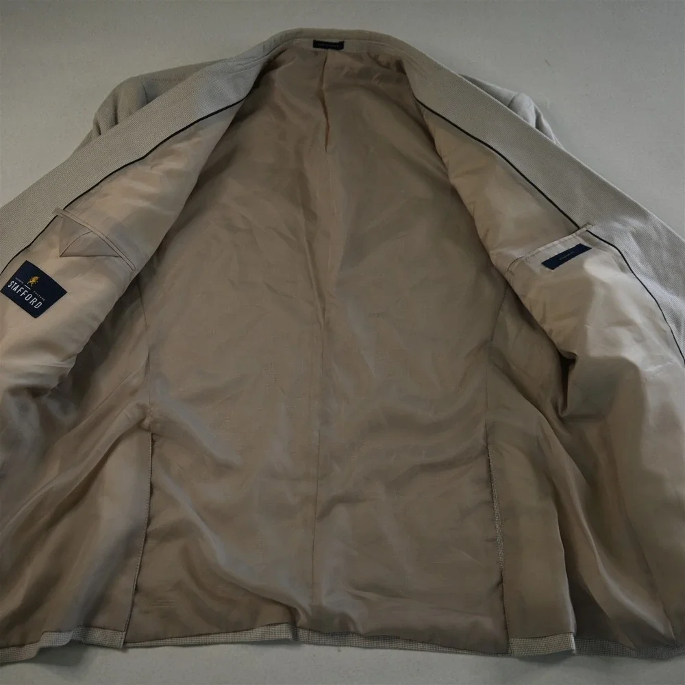 Stafford 50R Beige Basketweave 100% Cotton Mens‎ Blazer Suit Jacket Sport Coat